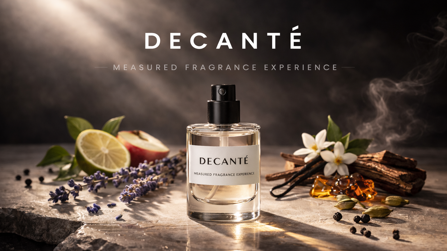 Decante perfume bottle with floral and fruit elements on a dark background