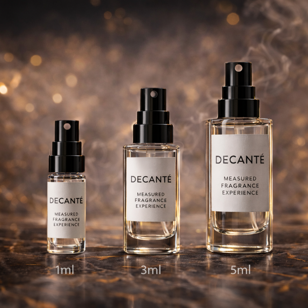 Three Decante perfume bottles of different sizes on a textured surface with a blurred background.