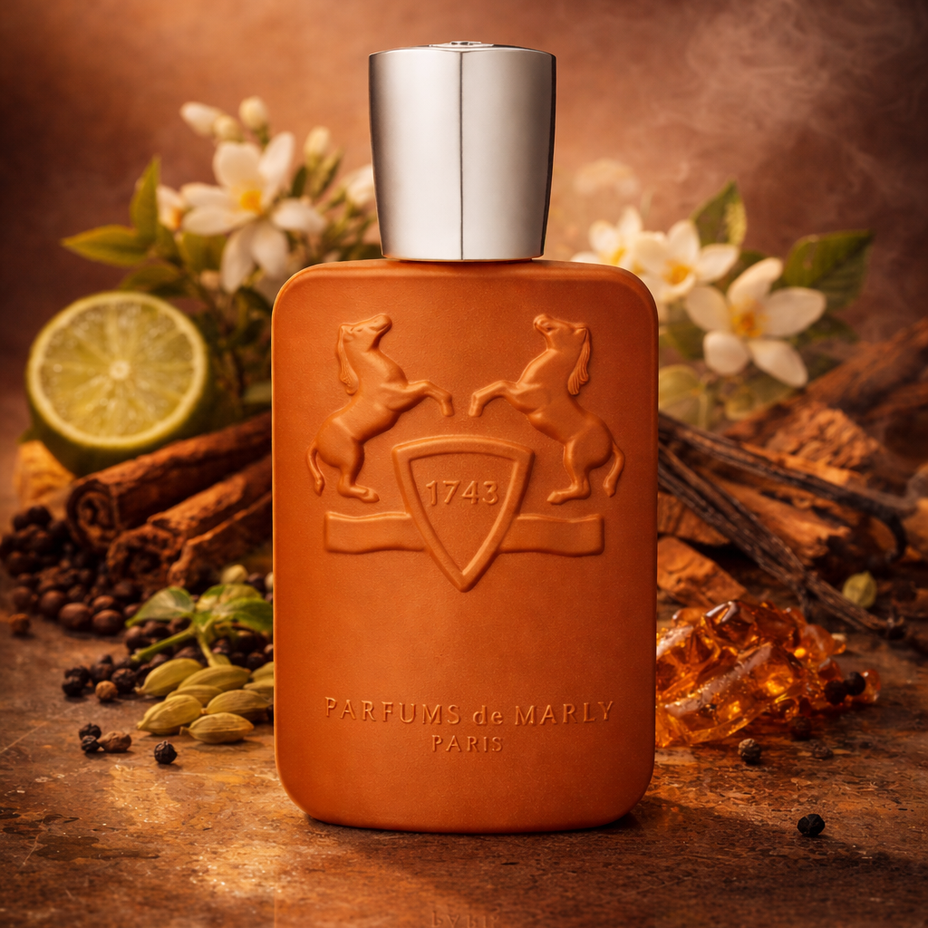 Brown perfume bottle with silver cap on a wooden surface with flowers and spices